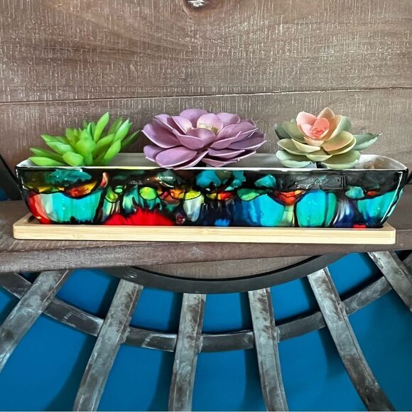 Hand-Painted Ceramic Succulent Planter with Bamboo Tray - Picture 2 of 8